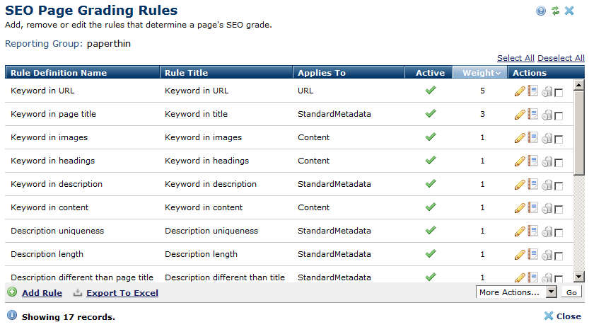 SEO Page Grading Rules dialog