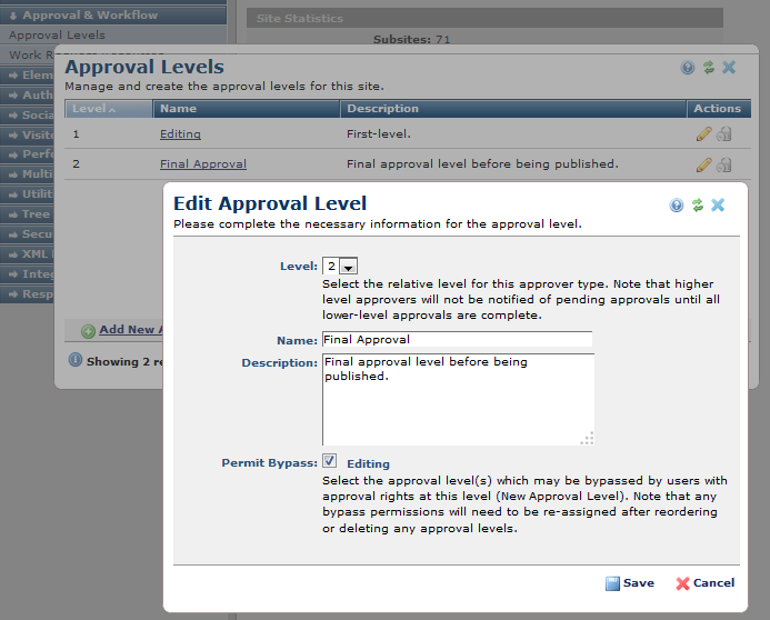 Edit Approval Levels Dialog