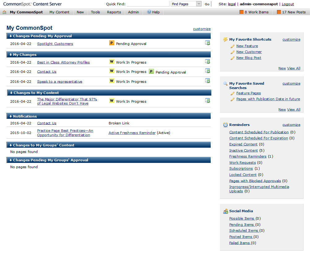 My CommonSpot Dashboard