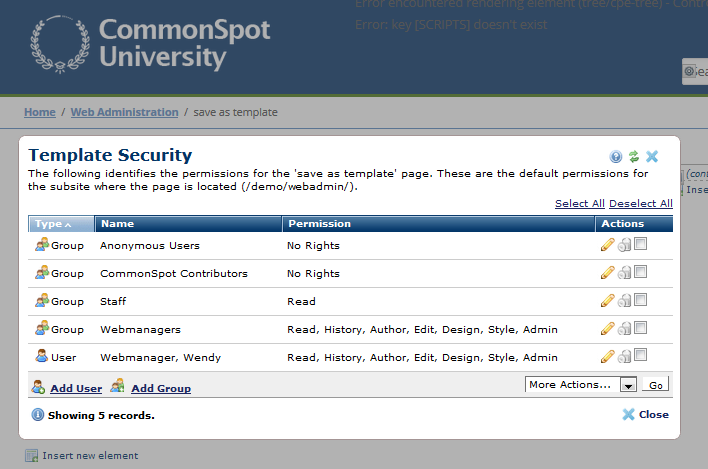 Template Security Dialog